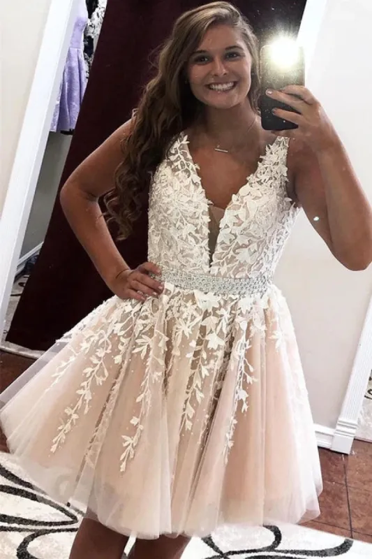 Short A Line Lace Homecoming Dresses V Neck Prom Dresses sold by My Chic Dress