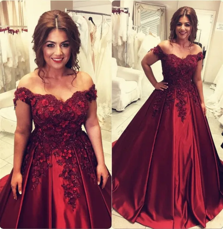 Ball Gown Burgundy Satin Wedding Dresses Off the Shoulder Bridal Wear sold by My Chic Dress