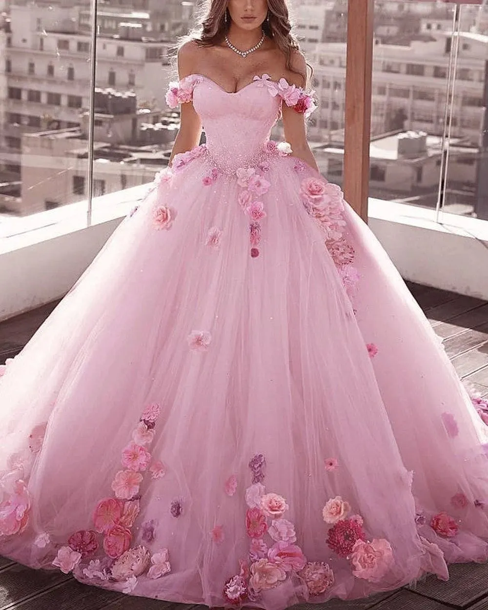Off Shoulder Floral Flowers Ball Gown Wedding Dresses Tulle Beaded sold by My Chic Dress product image thumbnail 2