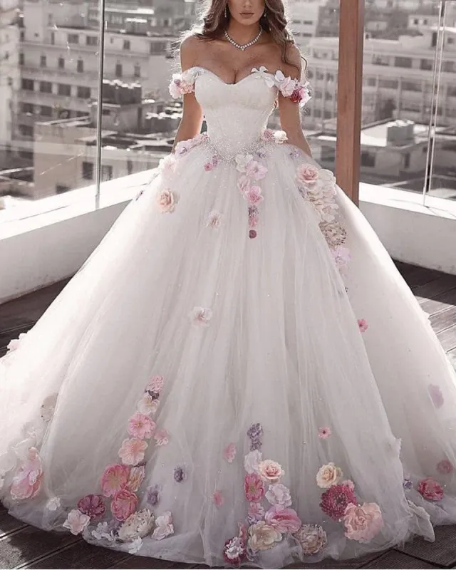 Off Shoulder Floral Flowers Ball Gown Wedding Dresses Tulle Beaded sold by My Chic Dress