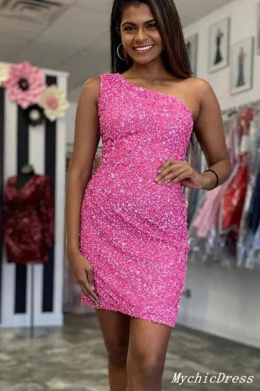 Short Pink Sequin Homecoming Dresses One Shoulder Tight Cocktail Dress sold by My Chic Dress