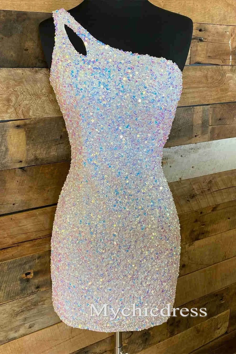Hot Glitter Sequin Homecoming Dresses Tight One Shoulder Short Cocktail Dress sold by My Chic Dress product image thumbnail 3