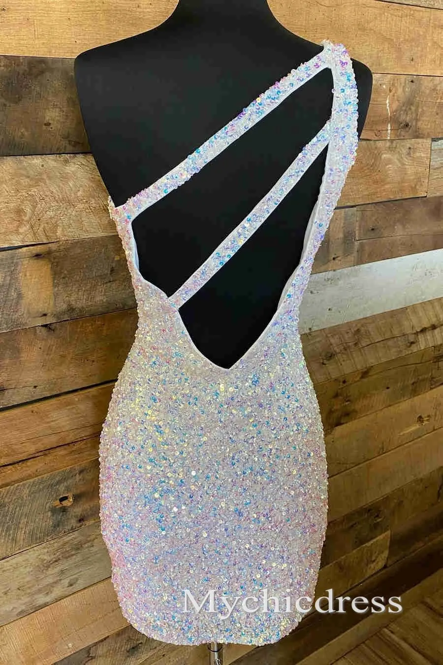 Hot Glitter Sequin Homecoming Dresses Tight One Shoulder Short Cocktail Dress sold by My Chic Dress product image thumbnail 4