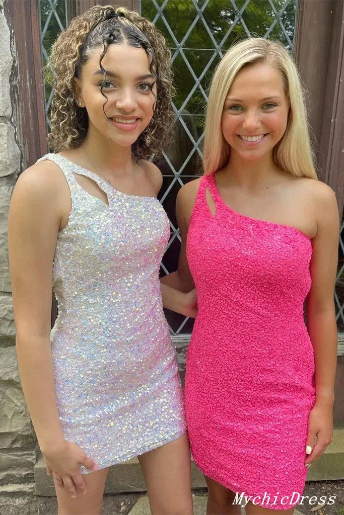 Hot Glitter Sequin Homecoming Dresses Tight One Shoulder Short Cocktail Dress sold by My Chic Dress
