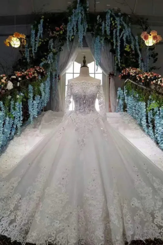 New Arrival Off The Shoulder Rhinestones Lace Wedding Gowns with Sleeves Royal Train sold by My Chic Dress