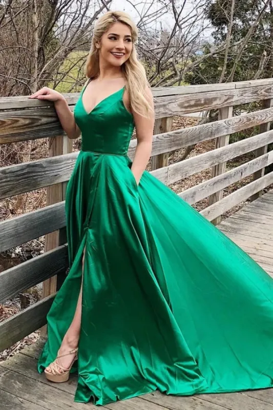 Simple V Neck Green Long Prom Dresses Emerald Summer Maxi Dress sold by My Chic Dress