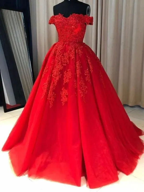 Off the Shoulder Lace Red Prom Dresses A Line Sequin Evening Gowns sold by My Chic Dress