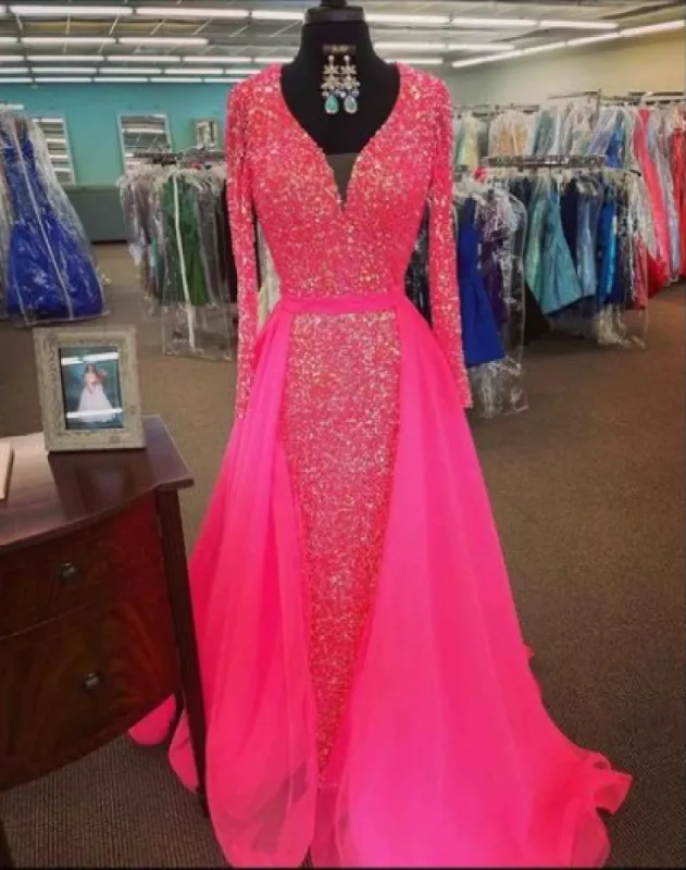 Pink Sequin Prom Dresses Long Sleeves V Neck Evening Gowns with Train sold by My Chic Dress