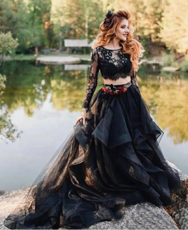 Two Piece Long Sleeves Lace Tulle Black Gothic Wedding Dress Illusion Neckline sold by My Chic Dress