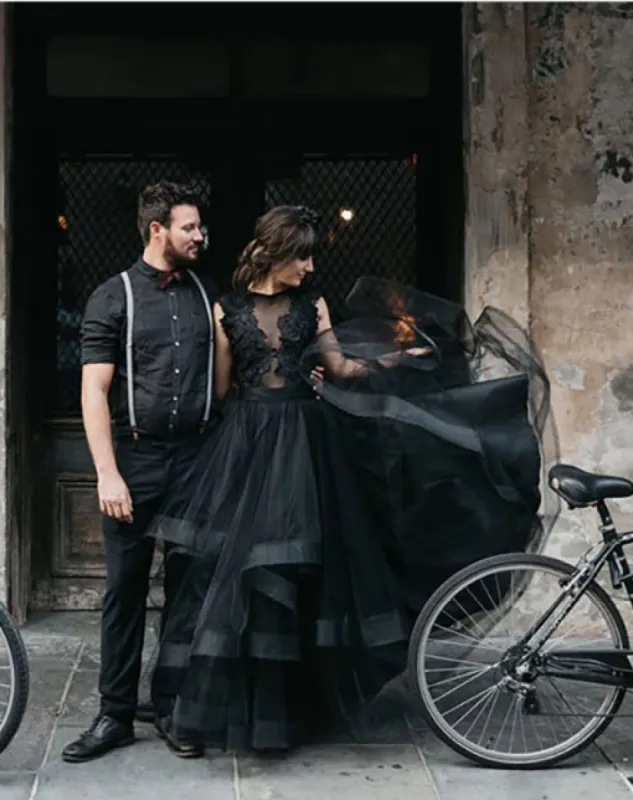 A Line Lace Tulle  Sleeveless Black Gothic Wedding Dresses sold by My Chic Dress