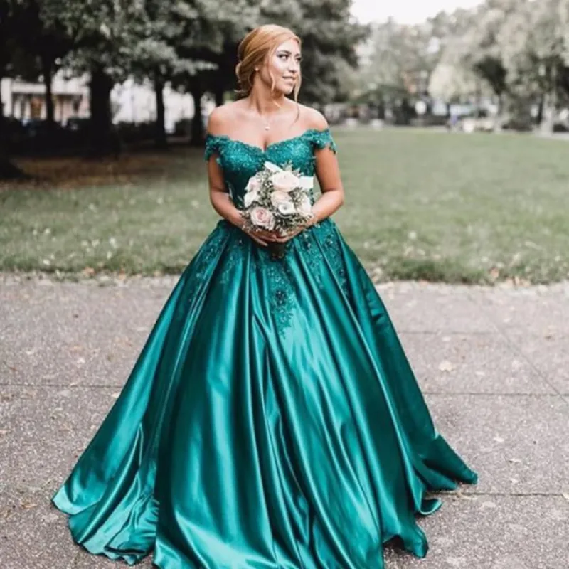 Off Shoulder Emerald Green Sweetheart 16 Quince Dresses Satin Lace Prom Dress sold by My Chic Dress
