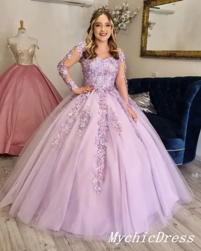 Princess Flowers Lilac Ball Gown Quinceanera Dresses Long Sleeves Lace Up Back sold by My Chic Dress