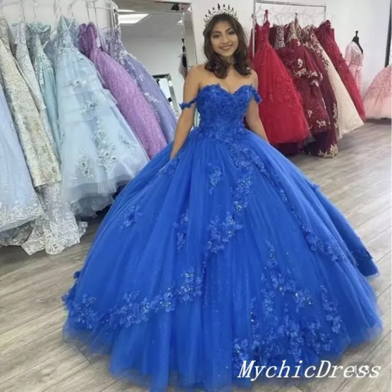 Off the Shoulder Flowers Beaded Royal Blue Ball Gown Quinceanera Dresses sold by My Chic Dress