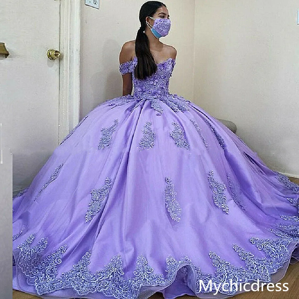 Ball Gown Lace Applique Lilac Quinceanera Dresses Off Shoulder Sweet 16 Dresses sold by My Chic Dress product image thumbnail 2