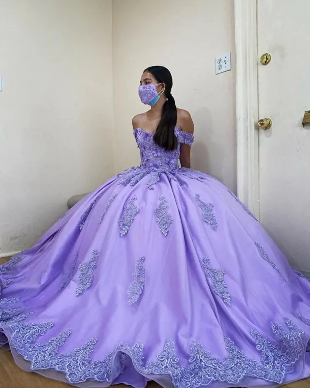 Ball Gown Lace Applique Lilac Quinceanera Dresses Off Shoulder Sweet 16 Dresses sold by My Chic Dress