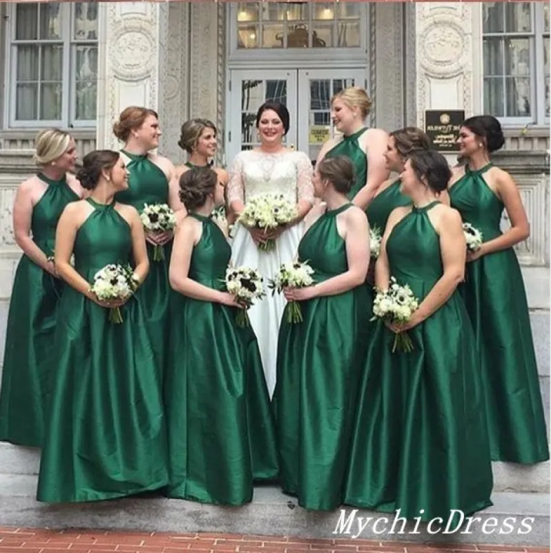 A Line Halter Emerald Green Bridesmaid Dresses Satin Wedding Guest Dresses sold by My Chic Dress