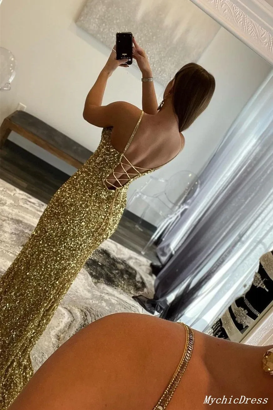 2025 Cheap Sequin Gold Prom Dresses V Neck Mermaid UK Evening Dresses sold by My Chic Dress product image thumbnail 2
