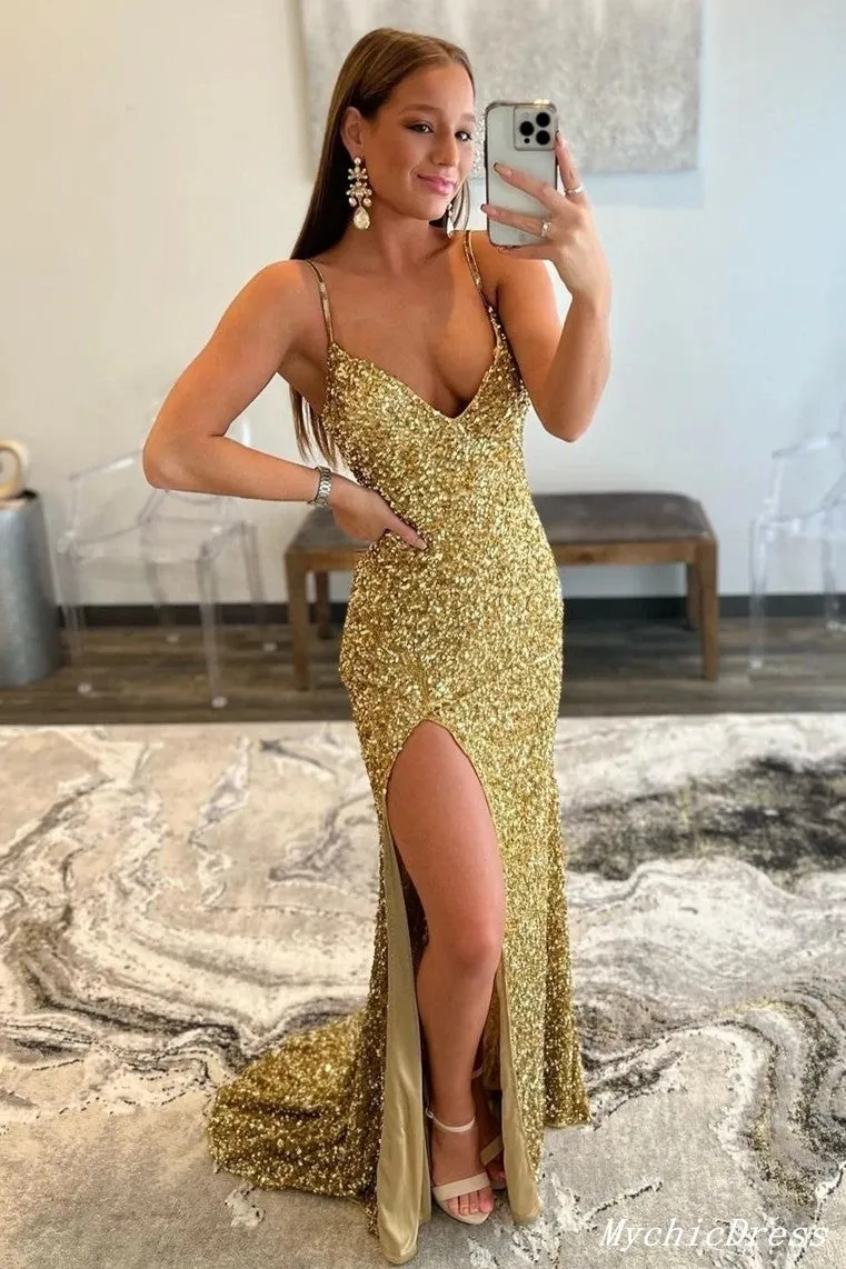 2025 Cheap Sequin Gold Prom Dresses V Neck Mermaid UK Evening Dresses sold by My Chic Dress