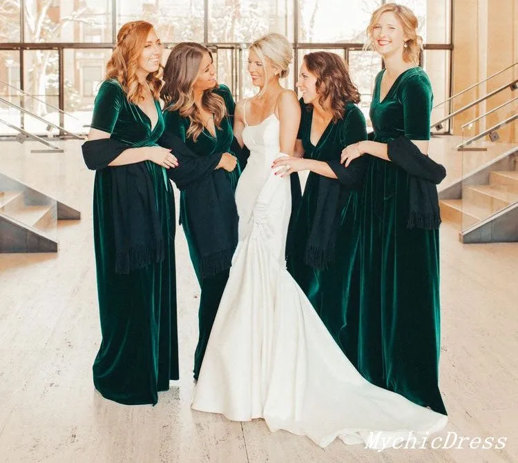 Winter Emerald Green Bridesmaid Dresses Velvet Wedding Guest Dress Short Sleeves sold by My Chic Dress product image thumbnail 2