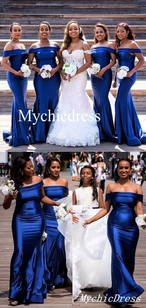 Long Satin Mermaid Bridesmaid Dresses Royal Blue Wedding Guest Dress Off Shoulder sold by My Chic Dress product image thumbnail 4