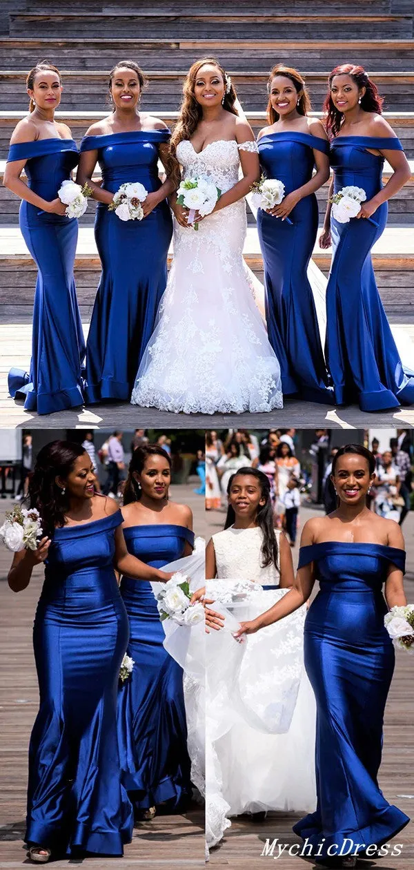 Long Satin Mermaid Bridesmaid Dresses Royal Blue Wedding Guest Dress Off Shoulder sold by My Chic Dress product image thumbnail 5