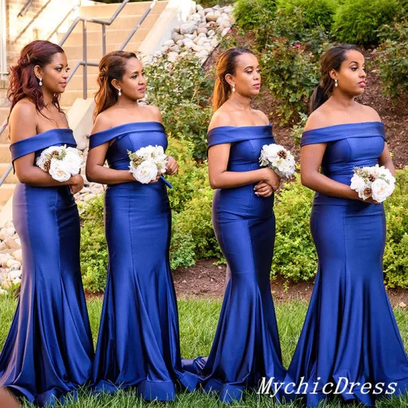 Long Satin Mermaid Bridesmaid Dresses Royal Blue Wedding Guest Dress Off Shoulder sold by My Chic Dress