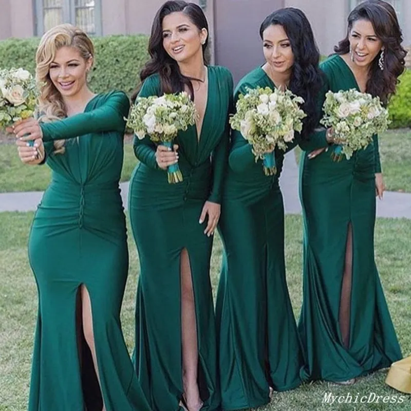 Fall Wedding Guest Dress Emerald Green Bridesmaid Dresses Long Sleeves V Neck sold by My Chic Dress