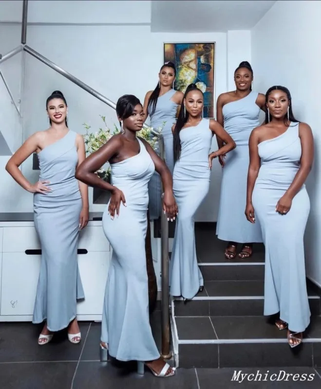 Dusty Blue One Shoulder Bridesmaid Dresses Mermaid Wedding Guest Dress sold by My Chic Dress