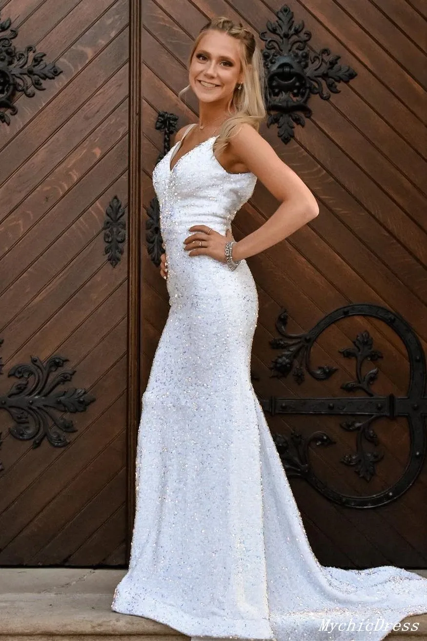 2025 Sequin Evening Dresses White Iridescent Mermaid V Neck Cheap Prom Dress sold by My Chic Dress product image thumbnail 2