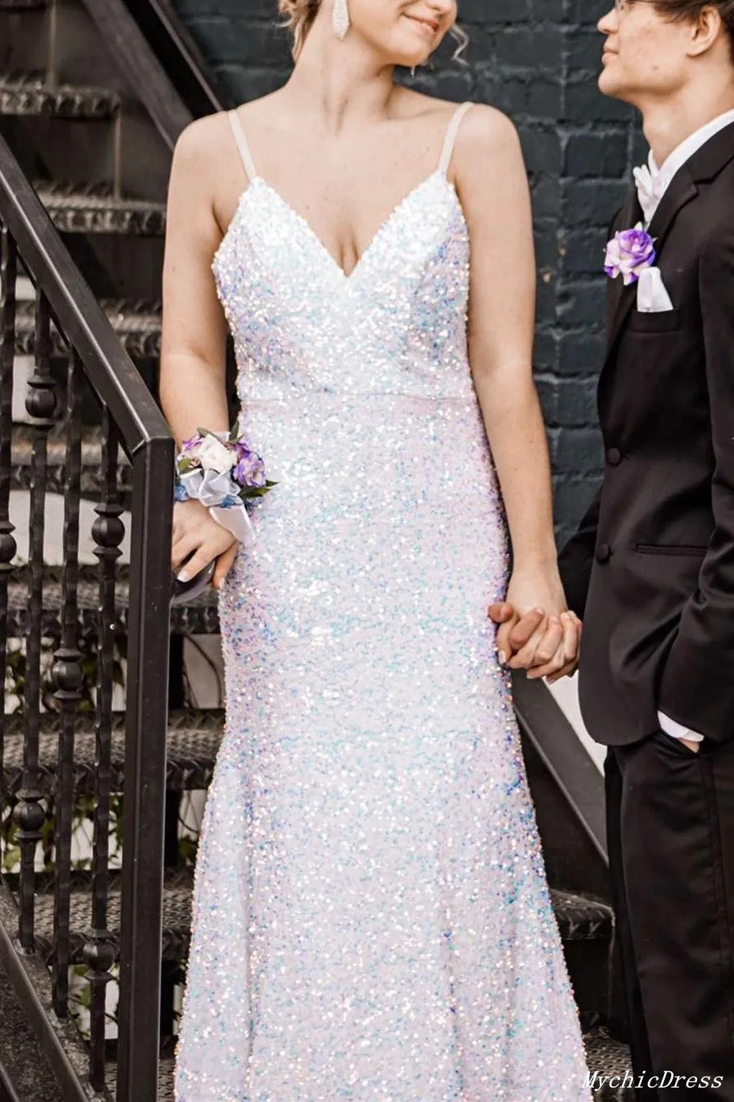 2025 Sequin Evening Dresses White Iridescent Mermaid V Neck Cheap Prom Dress sold by My Chic Dress product image thumbnail 5