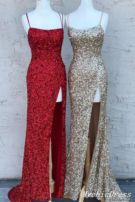 Simple Mermaid Sequin Long Evening Dresses Spaghetti Straps with Split sold by My Chic Dress