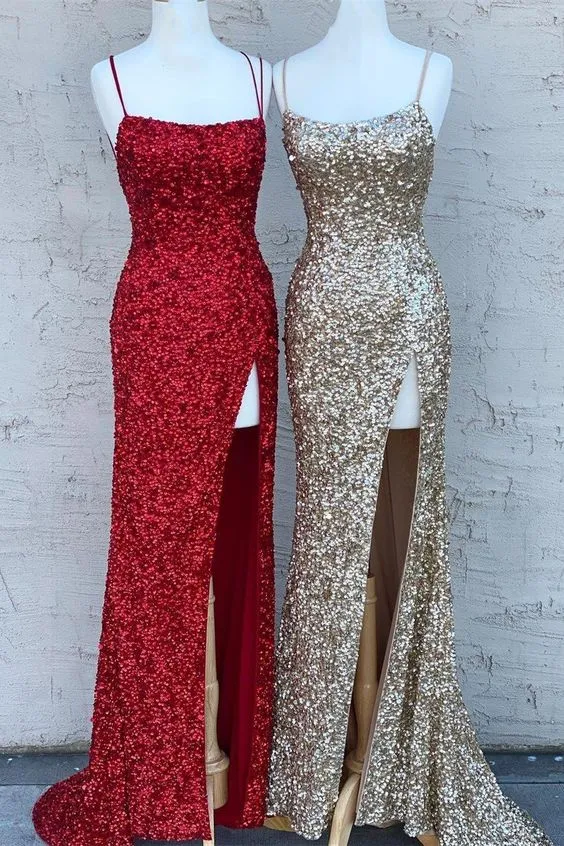 Simple Mermaid Sequin Long Evening Dresses Spaghetti Straps with Split sold by My Chic Dress product image thumbnail 2