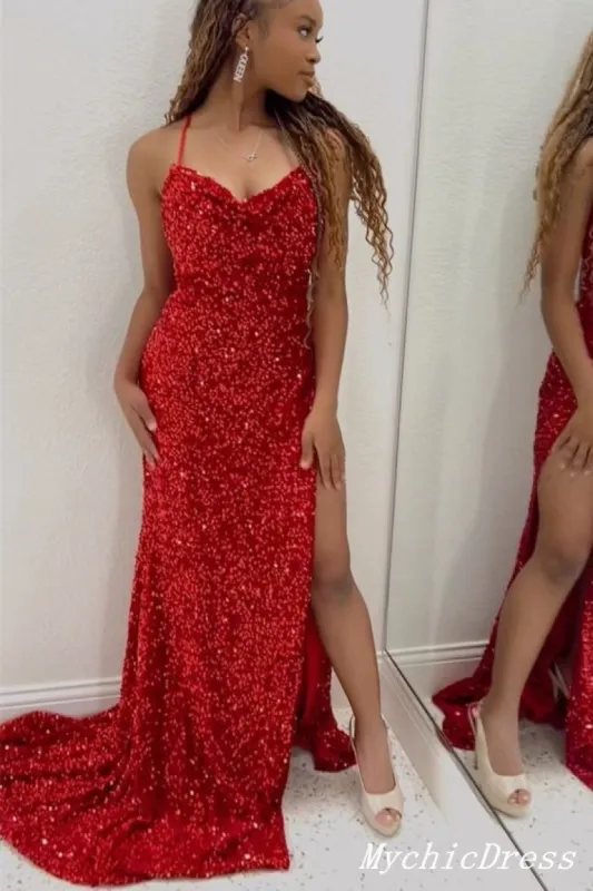 2025 Long Red Sequin Prom Evening Dress Mermaid Side Slit Wedding Guest Dress sold by My Chic Dress