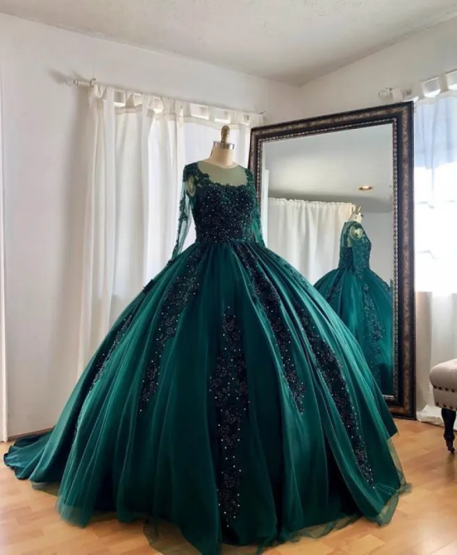 Lace Beaded Green Ball Gown Quinceanera Dress Long Sleeves Graduation Dresses sold by My Chic Dress