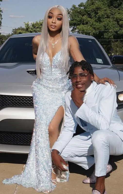 2025 Sequin Iridescent Long Prom Dresses Mermaid V Neck Evening Dresses UK sold by My Chic Dress