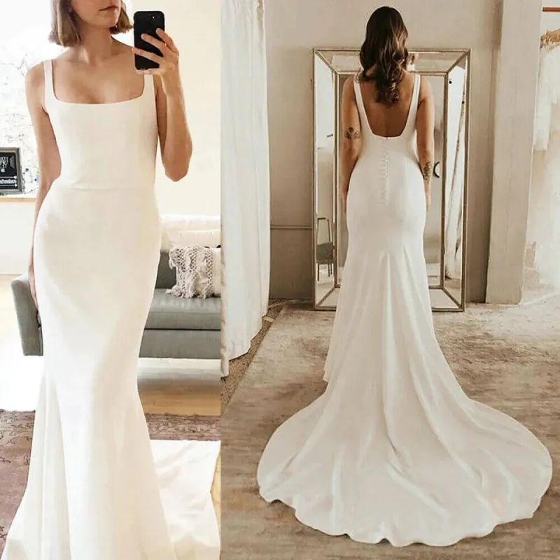 Long Simple Square Satin Ivory Wedding Dresses UK Mermaid sold by My Chic Dress