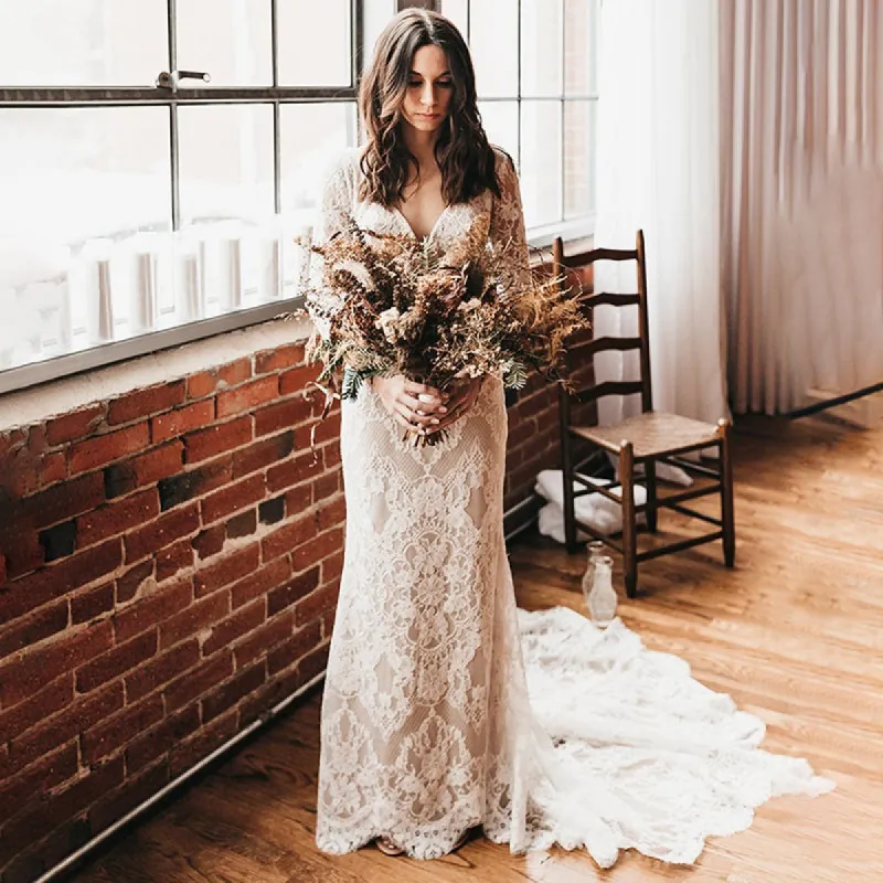 Half Sleeves V Neck Lace Bohemian Wedding Dresses Beach Open Back sold by My Chic Dress