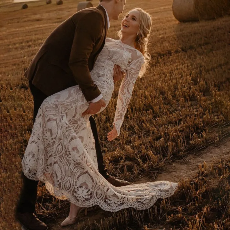 Gorgeous Lace Bohemian Wedding Dresses Long Sleeves Beach Wedding Gown sold by My Chic Dress