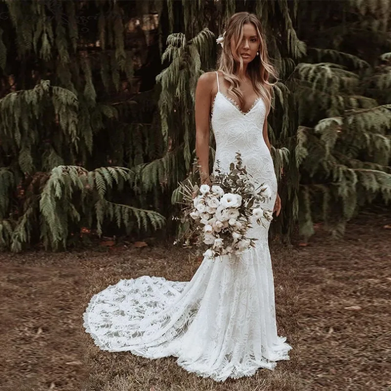 Long Beach Lace Wedding Dresses V Neck Spaghetti Straps Bridal Gowns sold by My Chic Dress