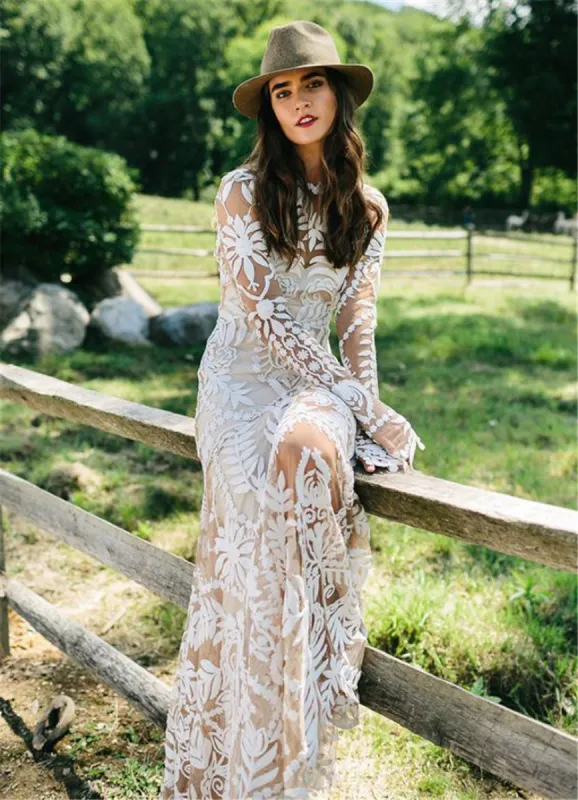 Long Sleeves Lace Boho Wedding Dresses Cheap Mermaid Bridal Gown sold by My Chic Dress