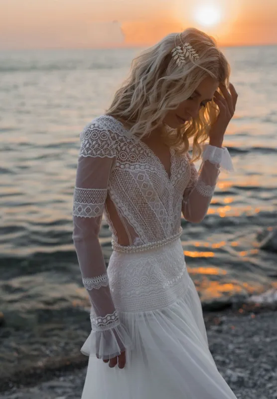 Gorgeous Lace Long Sleeves Boho Wedding Dresses Beach Maxi Dress sold by My Chic Dress