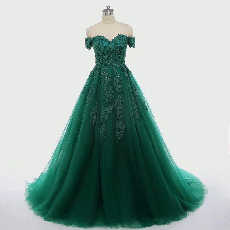 Real Off Shoulder Green Prom Dresses Beaded Appliques Emerald Quince Dress sold by My Chic Dress