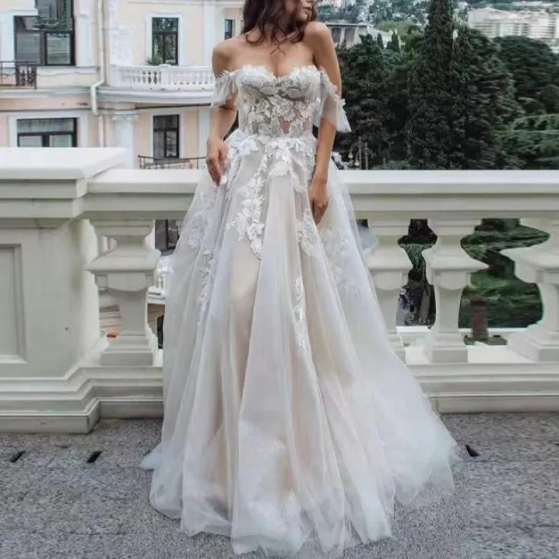 Bohemian Lace Wedding Dresses Tulle Illusion Applique Sweep Train Gown sold by My Chic Dress