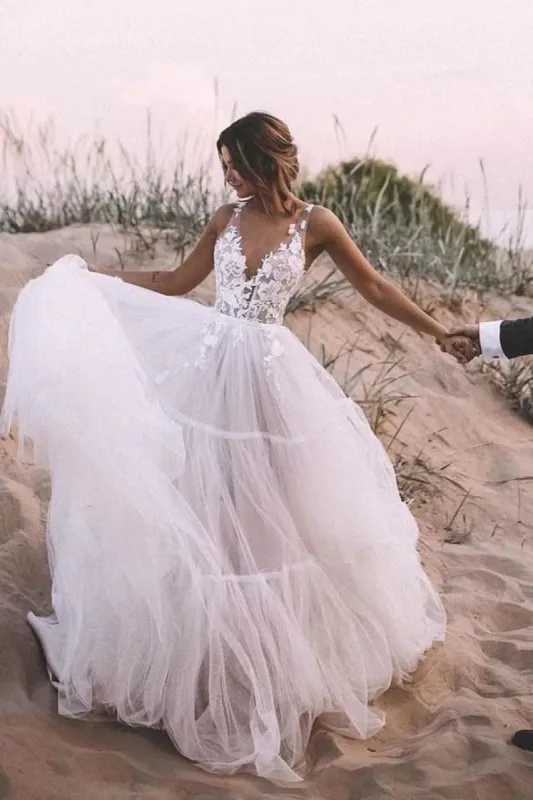 V Neck Lace  Ethereal Wedding Dresses Layered Tulle Skirt  Wedding Gown sold by My Chic Dress