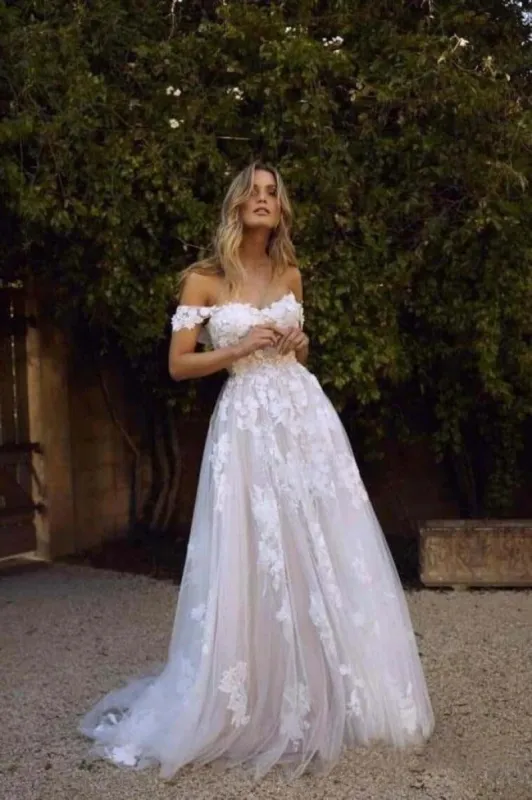 Simple A Line Beach Wedding Dresses White Tulle Off Shoulder Bridal Gown sold by My Chic Dress