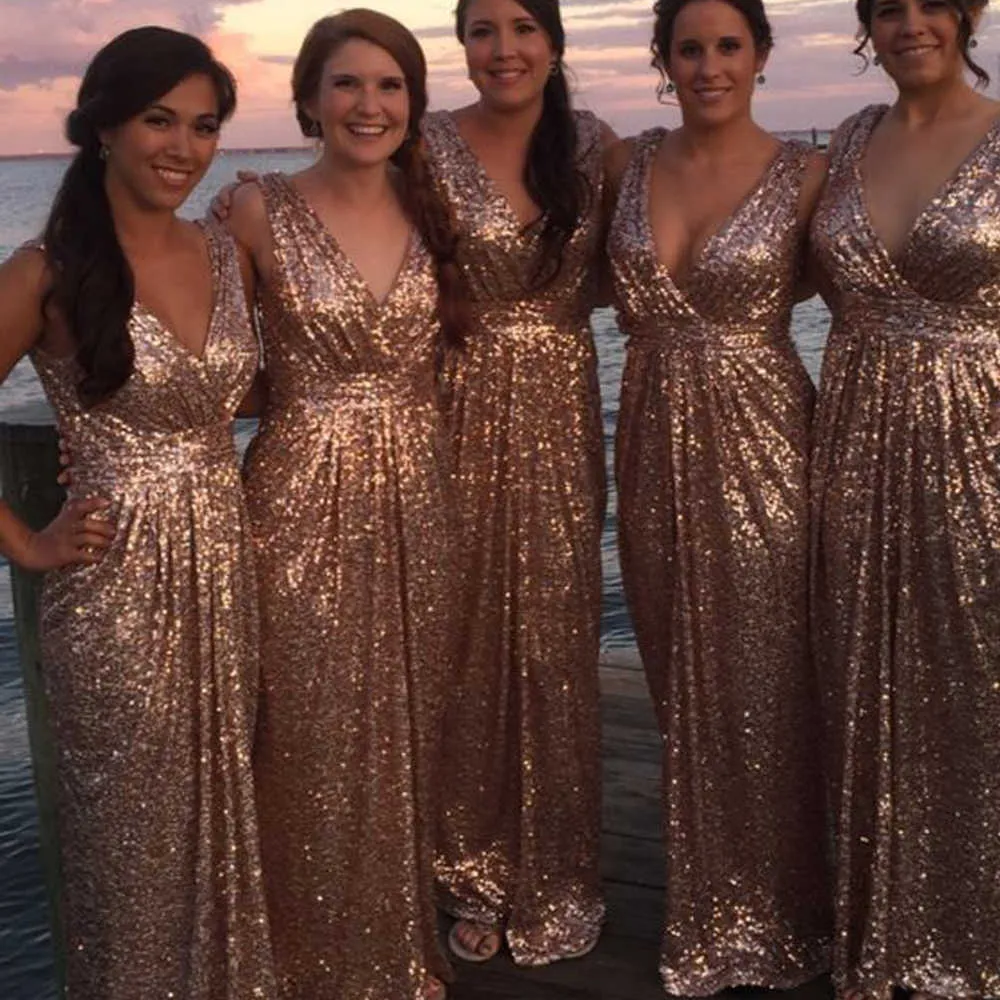 A Line Rose Gold Sequin Bridesmaid Dresses Long Glitter Wedding Guest Dress sold by My Chic Dress