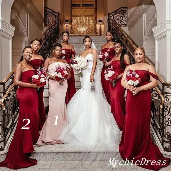 Off the Shoulder Burgundy Wedding Guest Dresses Long Bridesmaid Dress Cheap sold by My Chic Dress