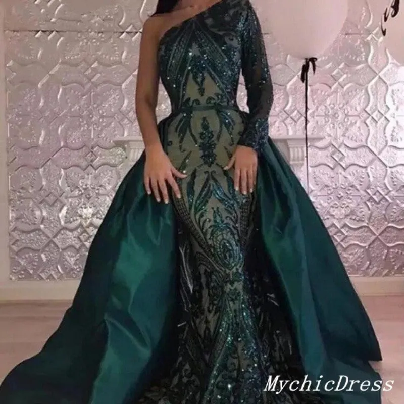 2025 Long Lace one Shoulder Prom Dresses Emerald Green UK Detachable Train sold by My Chic Dress