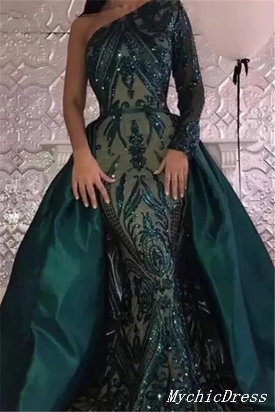 2025 Long Lace one Shoulder Prom Dresses Emerald Green UK Detachable Train sold by My Chic Dress product image thumbnail 2
