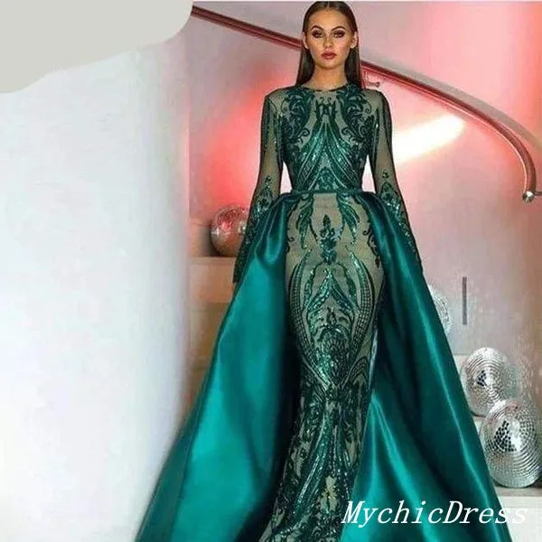 Sexy Emerald Green Lace Prom Dresses Long Sleeves with Detachable Train sold by My Chic Dress